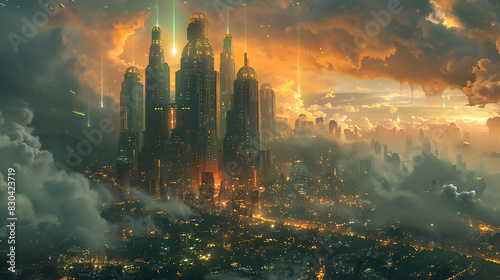 futuristic city powered by the technologies described in the Emerald Tablets under a neon skyline