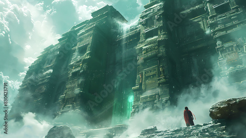 futuristic explorer unearthing the Emerald Tablets from the ruins of an ancient civilization