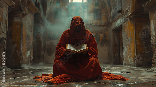 monk transcribing passages from the Emerald Tablets in a monastery's ancient scriptorium