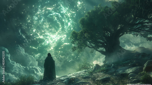 sorcerer casting spells using the knowledge from the Emerald Tablets in a mystical forest