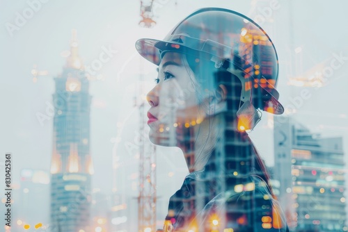 Female Engineer Overlooking Construction Site with Double Exposure Effect