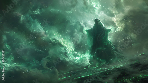 sorcerer invoking the power of the Emerald Tablets to summon a magical storm