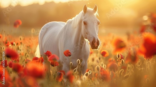 Portrait of a white horse in a field of poppy flowers during sunrise