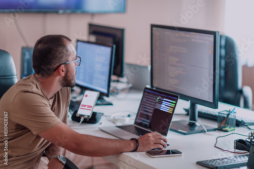 A programmer diligently testing smartphone applications while sitting in their office.