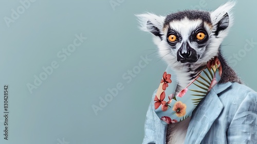 Stylish Lemur in Tropical Floral Blazer Soothing Blue Portrait Featuring Copy Space