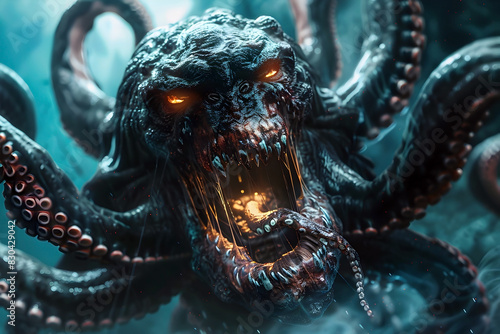 Fearsome Mythical Kraken Creature Emerging from Raging Ocean Depths