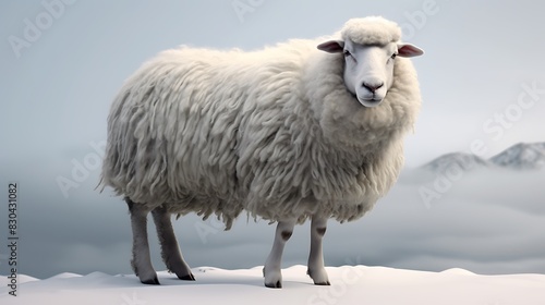 White Fur lamb standing at cold mountains covered with snowflakes, Mountain sheep looking at camera