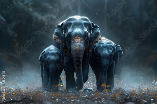 Interconnected Elephant Family Portrayed in Cinematic Bullet Time with Emotive Lighting