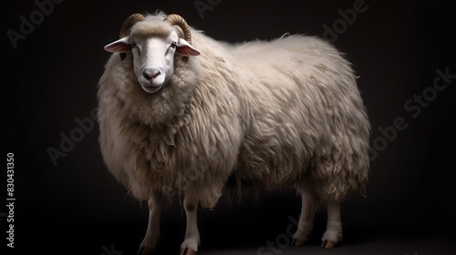 Full grown white Sheep with horns, Mountain lamb with long hairs, isolated on black background, Eid ul Adha lamb