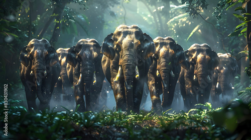 Majestic Herd of Thai Elephants Navigating the Verdant Forest in Cinematic Slow Motion