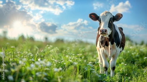 Cute black and white dairy cow in green grass, sunny day