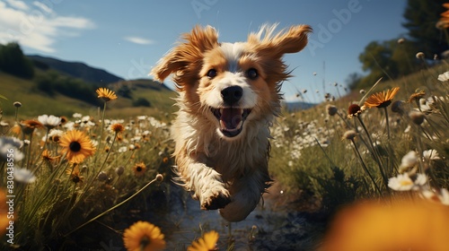 A cute puppy runs through the field in the blue sky.