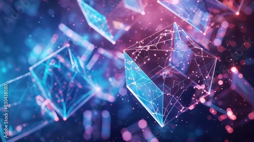 Background 3D illustration of diamond cubes tesseract gradient color light purple pink and blue technology wallpaper.