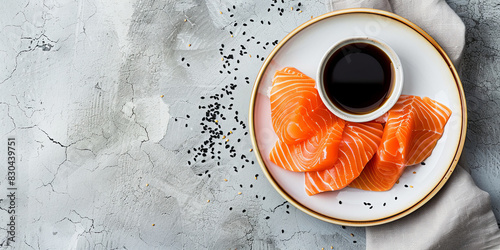salmon sashimi with soy sauce on a plate, generative AI