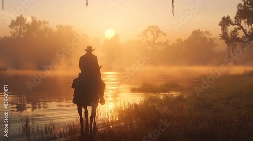 two men riding horses into the morning next to a lake