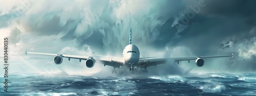 Turbulent Aerial Odyssey Airplane Navigating Stormy Skies Over Tumultuous Ocean