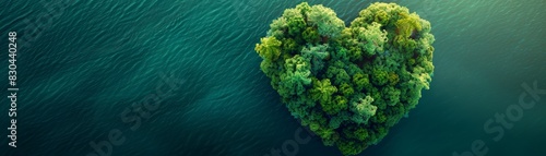 Aerial view of a lush green heart-shaped island in the middle of a serene blue lake, capturing natural beauty and tranquility.
