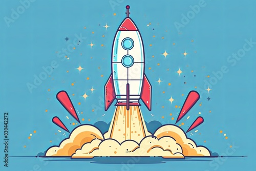 The cartoon rocket flies up. The concept of a successful startup. Vector illustration.