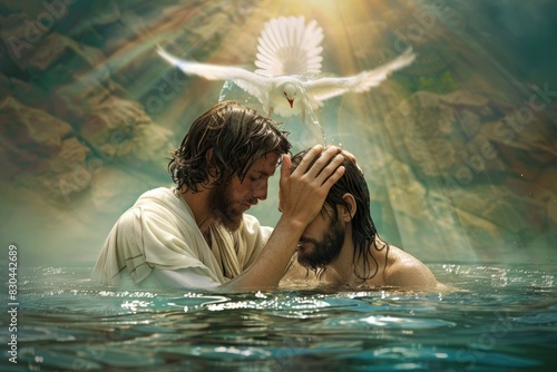 Sacred immersion: baptism of Jesus - John baptizes Jesus in the Jordan river, marking a pivotal moment of spiritual cleansing and divine affirmation.