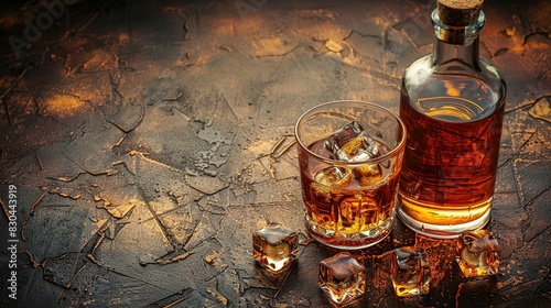 Whiskey Bottle and Glass on Table with Ice Cubes: Space for Text
