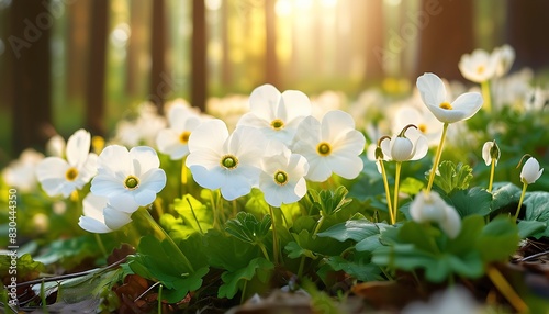 Close-up of Beautiful White Anemone Flowers Blooming in a Forest, Bathed in Sunlight and Surrounded by the Tranquil Landscape of a Spring Forest with Flowering Primroses.