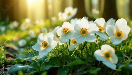 Close-up of Beautiful White Anemone Flowers Blooming in a Forest, Bathed in Sunlight and Surrounded by the Tranquil Landscape of a Spring Forest with Flowering Primroses.