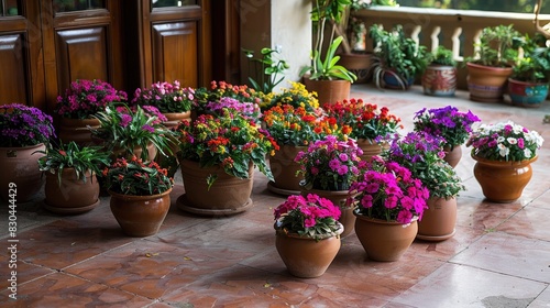 Abundant small brown garden pots filled with vibrant waller s balsamine arranged on the floor