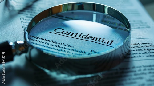 Close-up of a confidential document with the word "Confidential" magnified by a glass, emphasizing privacy and security.