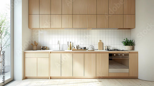 A kitchen with light wood cabinets