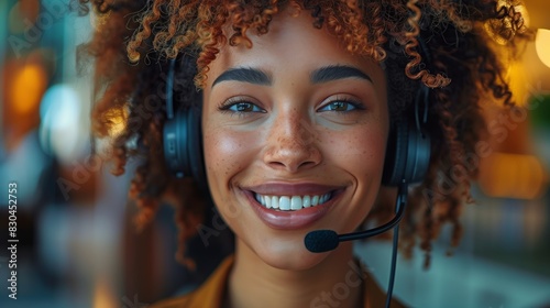 Smiling Customer Service Representative with Headset. Smiling customer service representative with a headset, embodying friendliness and effective communication in a professional setting.