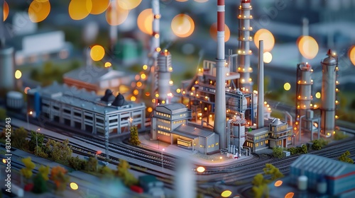 Miniature model of industrial park with factory and power plant, 3d render, bokeh background, detailed, high resolution