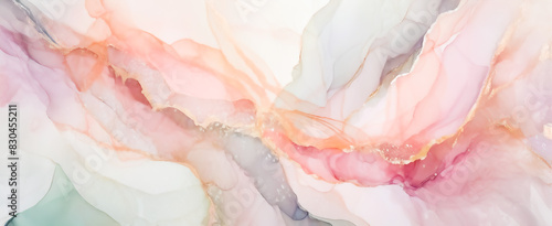 Horizontal alcohol ink art in pink tones on a white background