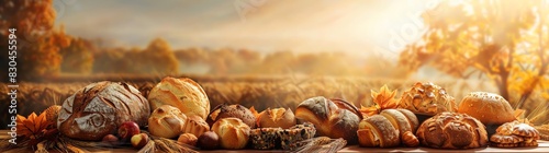 A wide composition of various breads and pastries, arranged in an artistic fashion on the table. The background features a warm autumn landscape with wheat fields and sunlight filtering through leaves