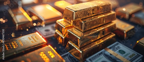 Stacks of gold bars with international currencies, representing global finance, generative ai
