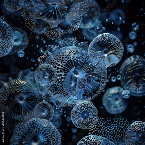 Intricate radiolarians with glowing silica skeletons, floating in dark marine water, ethereal light.