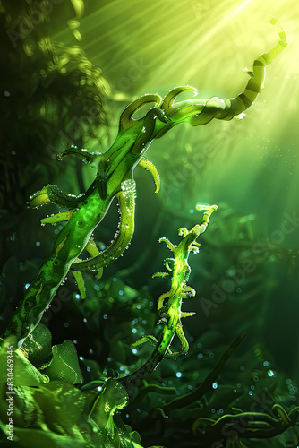 Green hydra with tentacles on a submerged plant stem in freshwater, bright sunlight, dynamic lighting.