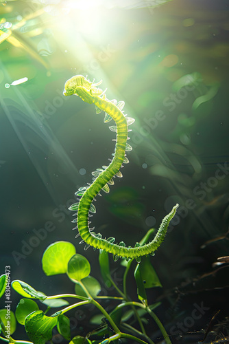 Green hydra on submerged plant stem in freshwater habitat, with bright sunlight and shadows.