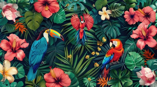 Vibrant Tropical Parrots and Exotic Flowers in Lush Foliage Jungle