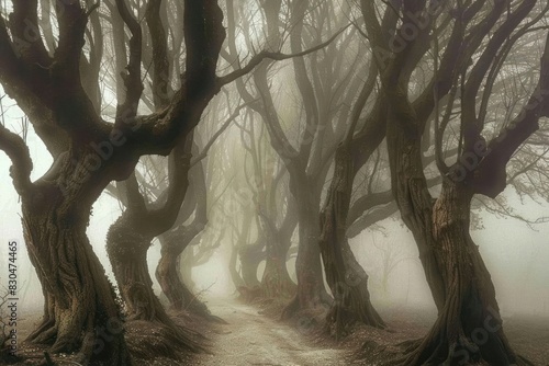 Scary forest tree fog vegetation.