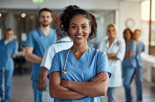 A nurse in blue scrubs stands with her arms crossed and smiles at the camera, standing amidst other staff members who look on warmly or are slightly blurred
