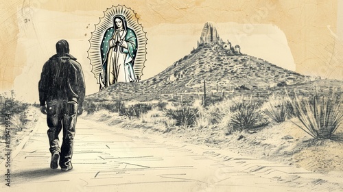 Biblical Illustration of St. Juan Diego Showing Tilma with Image of Our Lady of Guadalupe at Tepeyac Hill, Beige Background, Copyspace