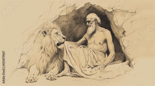 Biblical Illustration of St. Jerome Translating the Bible in Cave with Lion, Symbolizing Scholarly and Ascetic Life, Beige Background, Copyspace