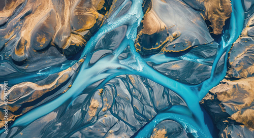 Aerial view of the intricate patterns formed by rivers and streams in Iceland's glacial landscape, captured with an aerial drone camera