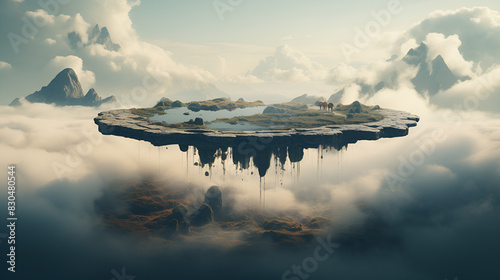 An ethereal island suspended in the sky, adorned with clouds and majestic mountains.
