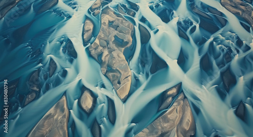 Aerial view of the intricate patterns formed by rivers and streams in Iceland's glacial landscape, captured with an aerial drone camera
