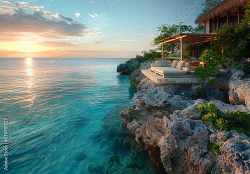 A serene private villa perched on a cliff overlooks turquoise waters. A couple lounges on a plush daybed, savoring champagne as the sun sets, casting a warm glow on the tranquil scene.