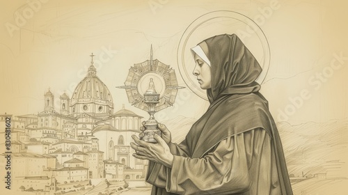 Biblical Illustration of St. Clare of Assisi Holding Monstrance at San Damiano, Symbolizing Eucharist Devotion, Beige Background, Copyspace