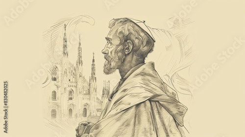 Biblical Illustration of St. Charles Borromeo in Reflection at Milan Cathedral, Beige Background, Copyspace