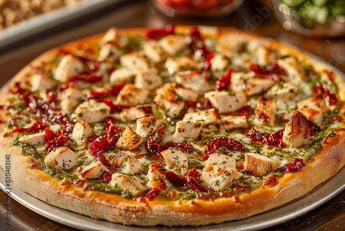Pesto Chicken Pizza with pesto sauce, grilled chicken, sun-dried tomatoes, and pine nuts.