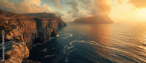 panoramic view of the Faroe Islands, high cliffs overlooking the blue ocean, golden hour, beautiful